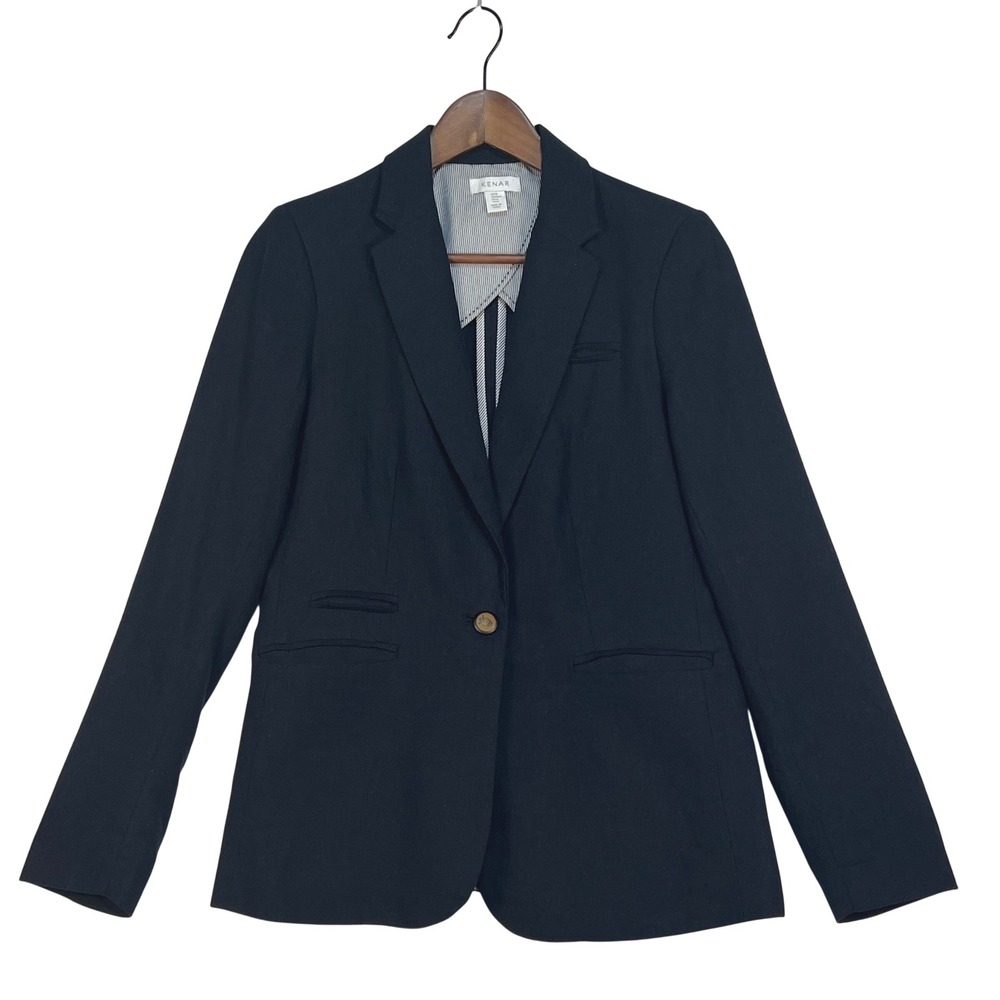 Kenar Blazer Women M Blue Ornate Buttons Cotton Linen Blend Pockets Classic